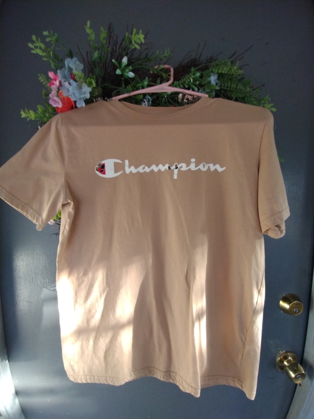 Champion Logo Tee in Tan with White Script